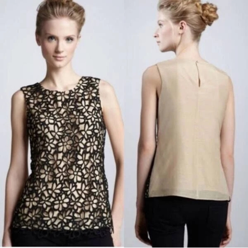 Neiman Marcus LELA ROSE Target Guipure Lace Top Black Taupe Sleeveless Sz‎ XL
